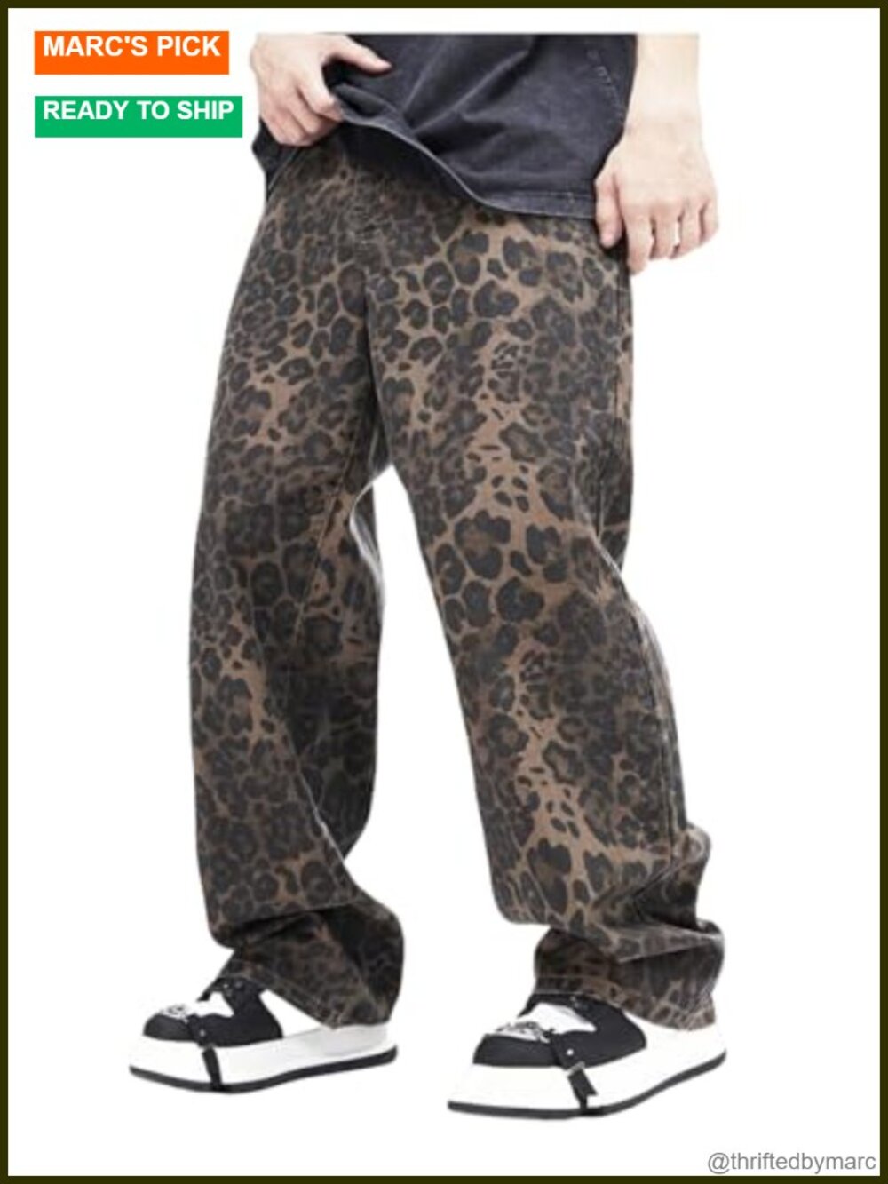 Men's Leopard Print Baggy Jeans Wide Leg Grunge Denim Pants